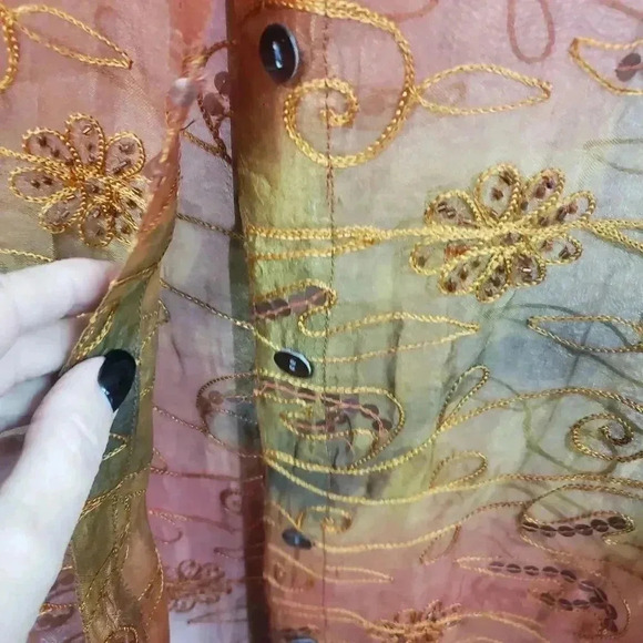 Vintage Chico's Design Sheer Fall Blouse with Silk Embroidery - Picture 5 of 5